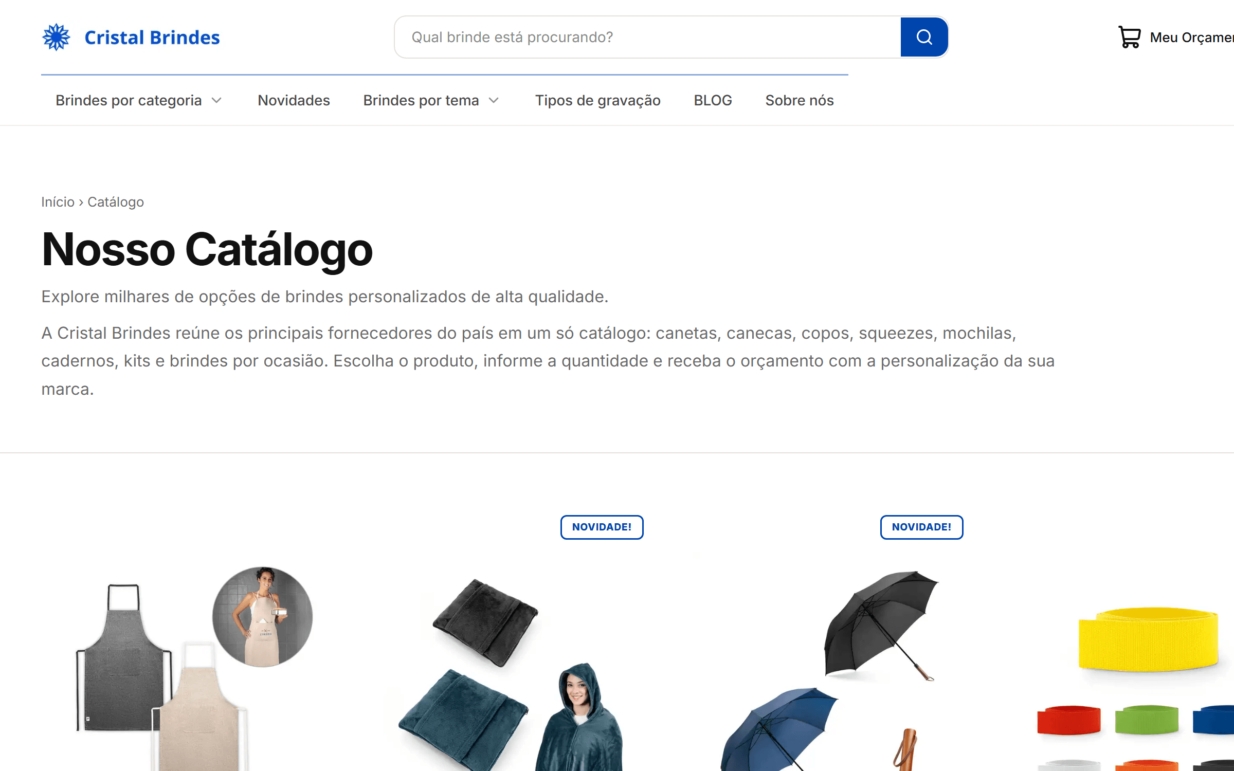 Vitrine real do site de produtos, com o catálogo dos fornecedores